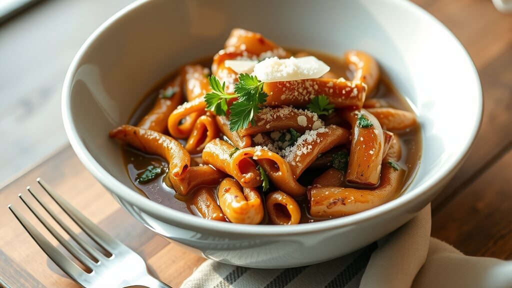 料理写真:イタリアンみそ肉じゃが。白い深めの洋風皿に盛り付け、粉チーズと緑のパセリが映える様子。背景には木製のテーブルとフォーク。。おいしそうな料理の写真、自然光、真上ではなく斜めから